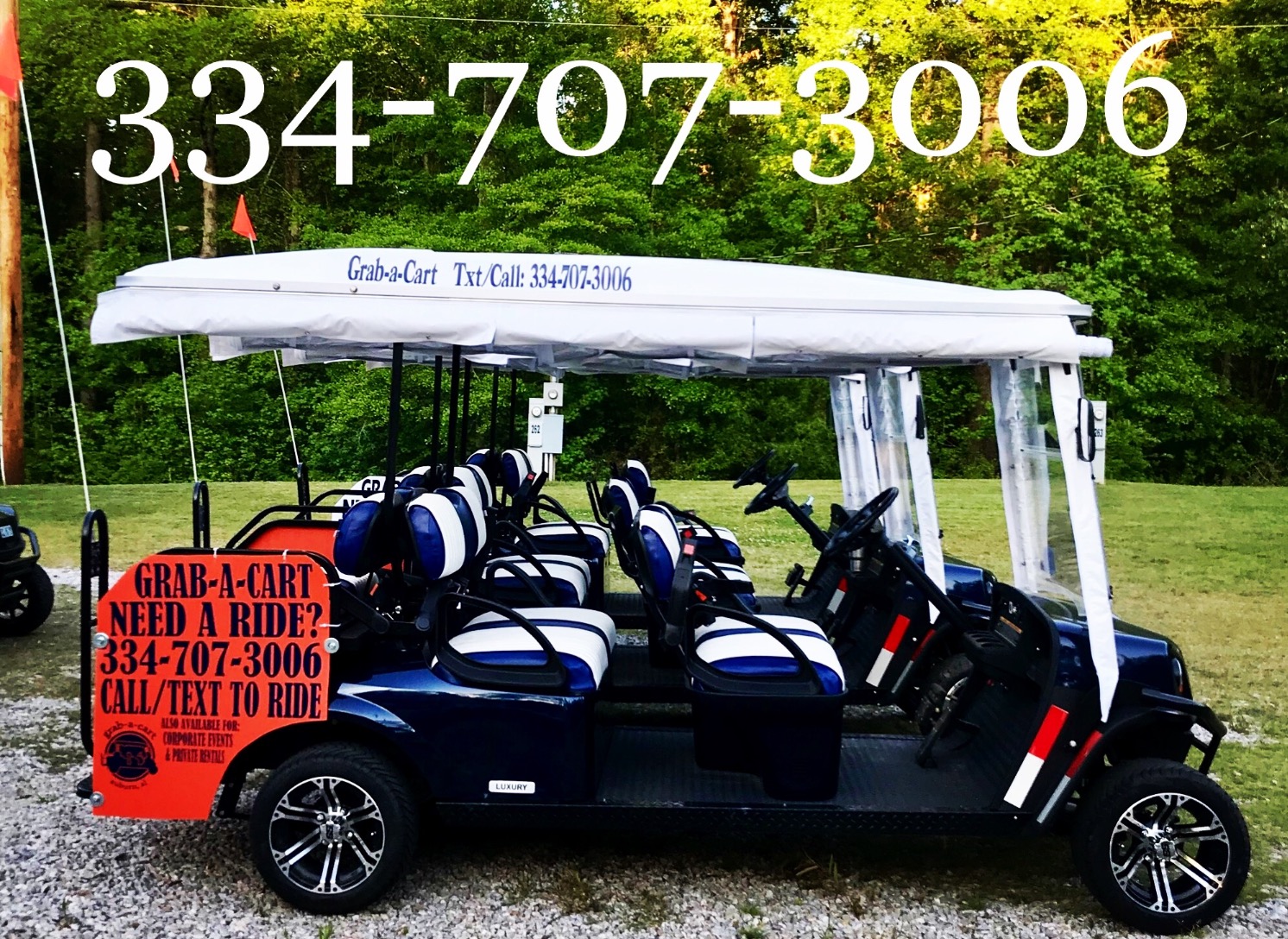 Grab-a-Cart shuttle cart with Need a Ride signage